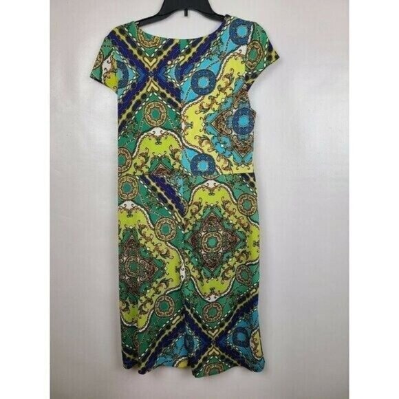 Roz & Ali Womens BOHO Sheath Dress Sz 16 Green Blue Floral Knot Front Cap Sleeve - Picture 4 of 8